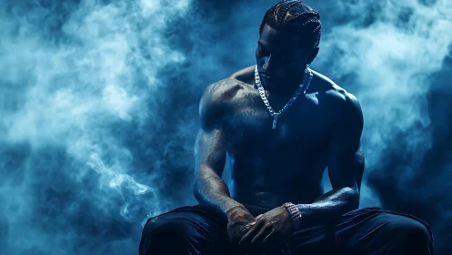 Photorealistic low-key portrait in cinematic blue smoke field.