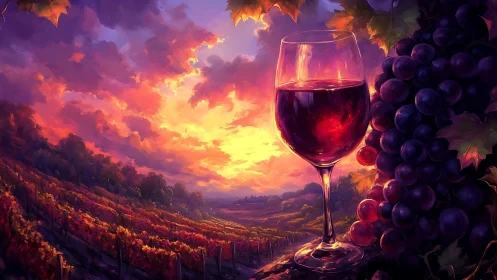 Sunset vineyard landscape with red wine glass and grapes.