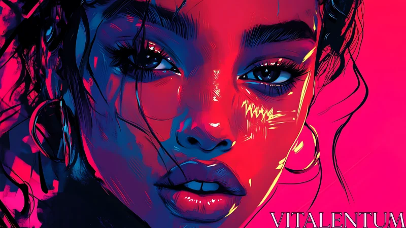 Neon-lit digital portrait of woman with intense gaze.