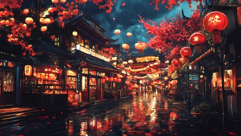 Lantern-lit old town glows under rainy festival night.