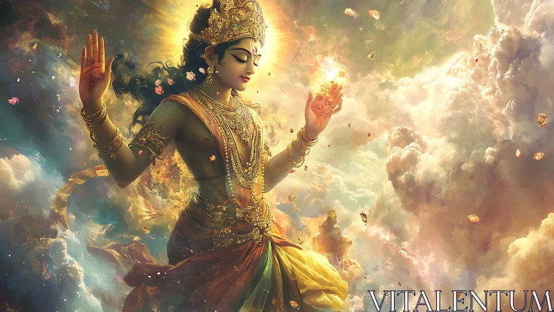 Radiant celestial deity drifts through glowing, clouded sky.