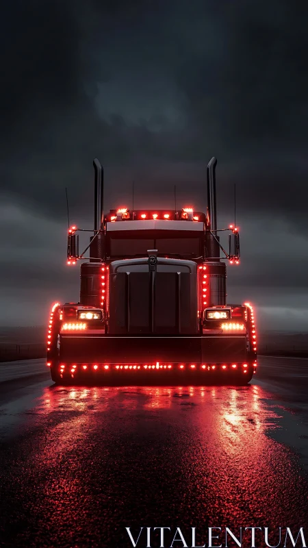 Midnight semi truck burns neon red lights on wet highway