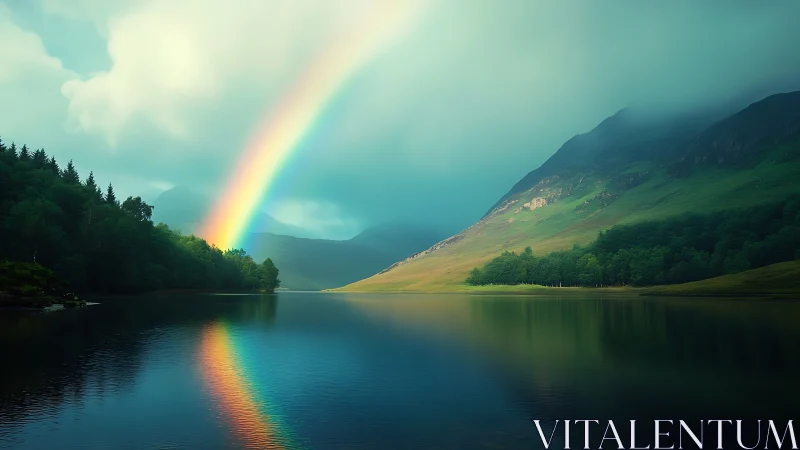 Rainbow arcs over misty lake and emerald mountain valley.