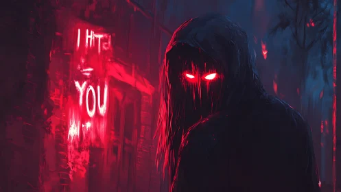 Hooded red eyed figure in dark alley with hate graffiti.
