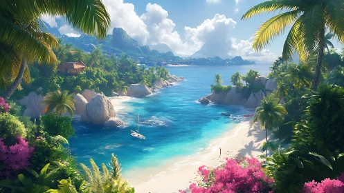 Tropical Island Paradise with Crystal Waters and Palm-Lined Cove