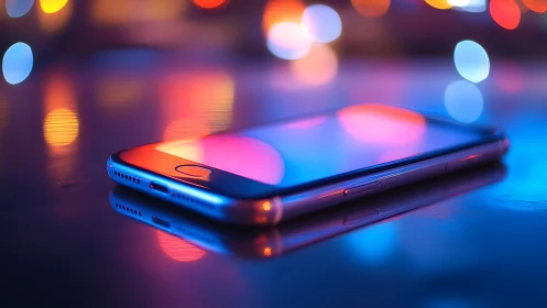 Smartphone glows on reflective surface under neon bokeh lights