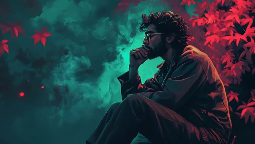 Contemplative man in neon forest amid teal swirling haze.