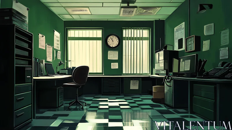 Sunlit retro office interior waits in quiet stillness.