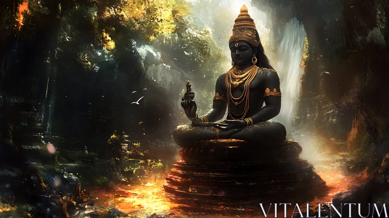 Serene black stone deity statue in glowing forest shrine.