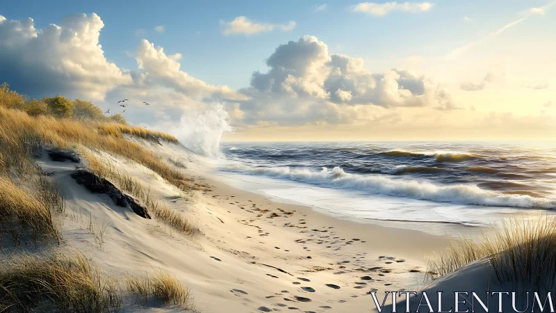 Coastal sand dunes with shoreline waves under clouded sky.