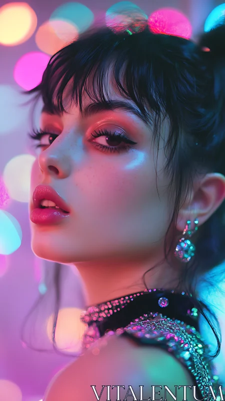 Neon lit portrait captures glossy makeup and jeweled glamour
