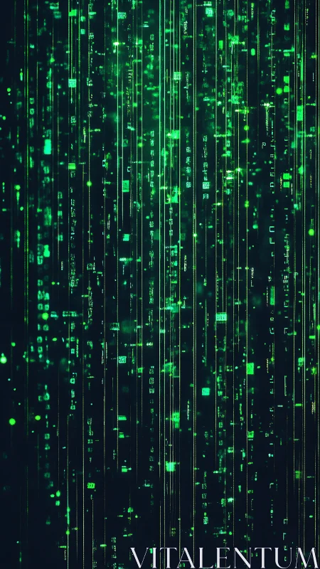 Vertical neon data streams over dark matrix-style grid field