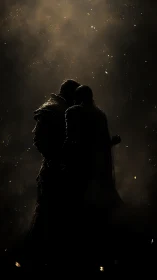 Two Silhouettes Embrace Beneath Falling Starlight.