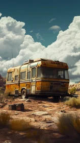 Rusty desert camper resting quietly under towering clouds.