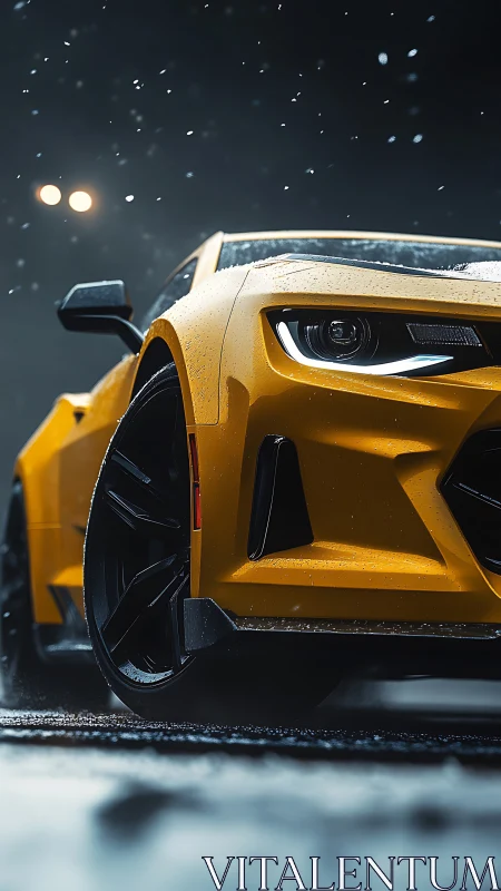 Rain-slicked yellow muscle car stalks the night in neon mist