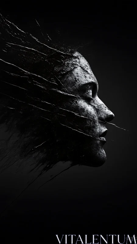 Monochrome fragmented profile as dissolving stone bust study.