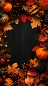 Cozy autumn harvest frame with pumpkins and falling leaves.