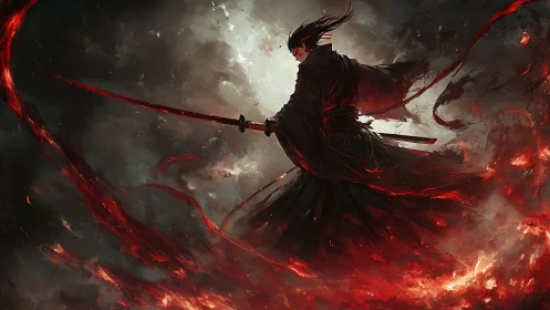 Dark samurai commands flaming blade within storming void