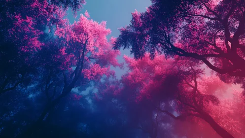 Pink tree canopy viewed from below under blue sky