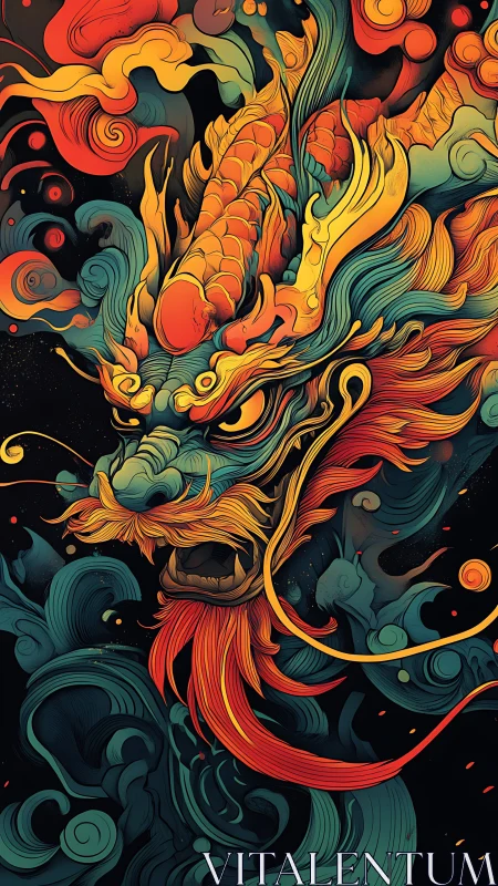 Multicolored stylized dragon head with swirling abstract forms.