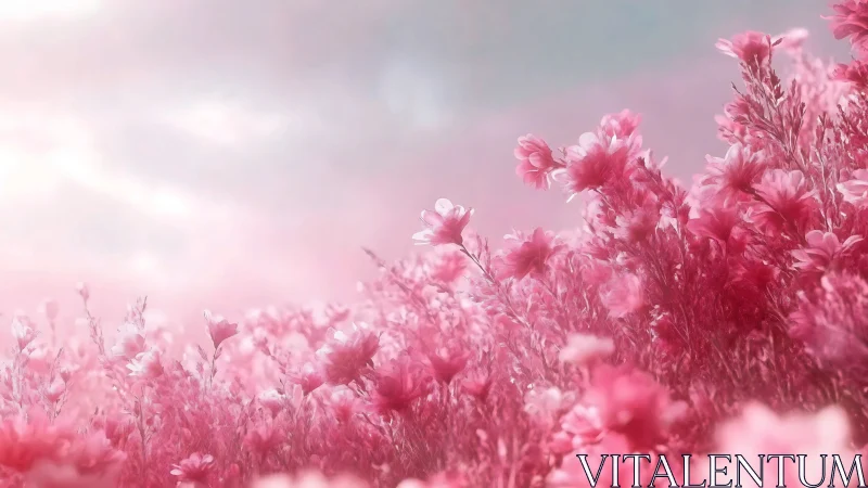 Pink Carnation Field in Soft Focus with Overcast Sky.