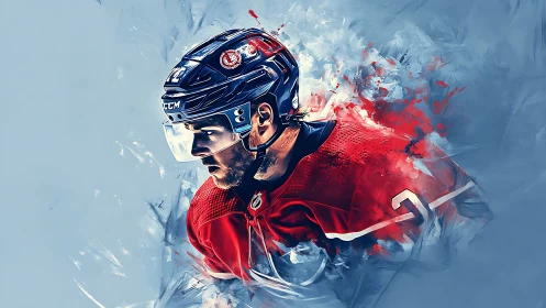 Digital hockey portrait with dynamic red and blue motion.