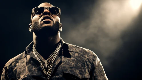 Confident performer glowing under warm spotlight onstage.