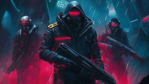 Cyberpunk enforcers stride through neon rainstorm streets.
