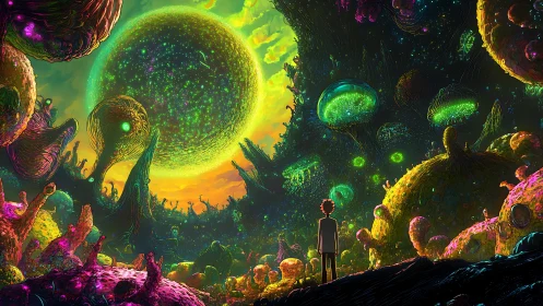 Neon cosmic biosphere with lone observer in panoramic frame.