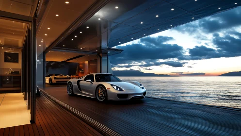 Luxury supercar poised on yacht deck at cinematic sunset