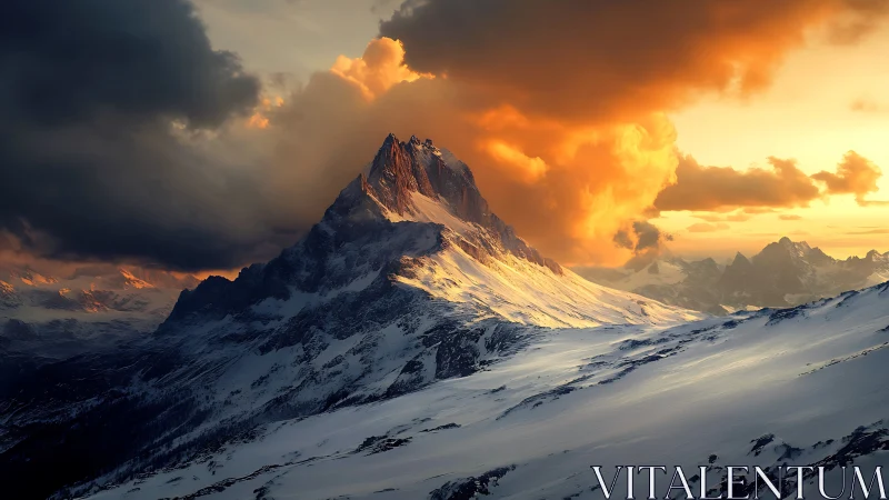 Golden stormlight over a silent snow crowned peak.