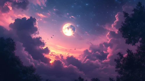 Full moon over clouds in twilight sky with silhouetted trees.