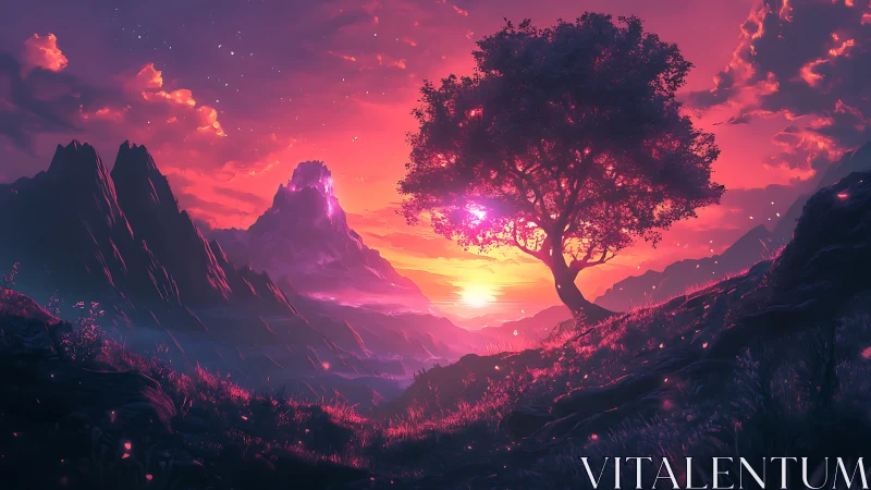 Vibrant fantasy sunset over mountains and lone tree.
