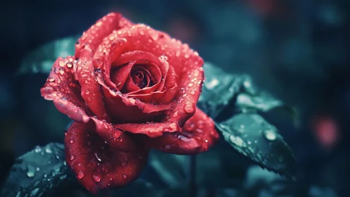 Crimson Rose with Dew Drops: Photorealistic Nature Study.