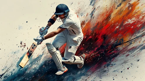 Dynamic cricket batsman amid explosive paint streaks.