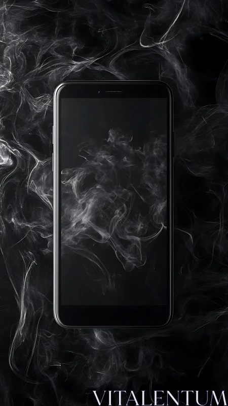 Glossy black smartphone front view in swirling white smoke field