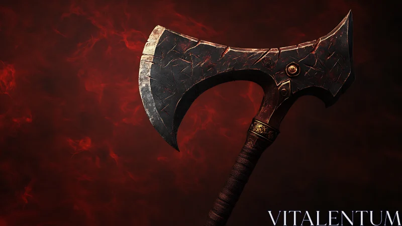 Forged battle axe poised against swirling crimson embers.