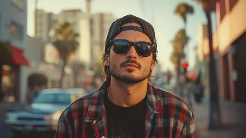 Urban sunset portrait of man in plaid and sunglasses.