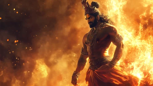 Mythic warrior stands in raging flames with intense focus.
