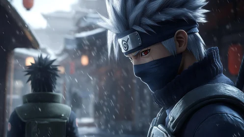 Masked silver-haired ninja stands watch in a quiet falling snow