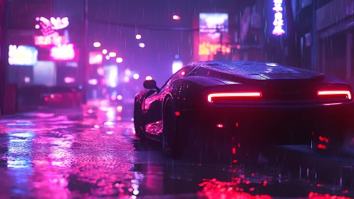 Neon rain crowns a cyber car prowling through midnight streets