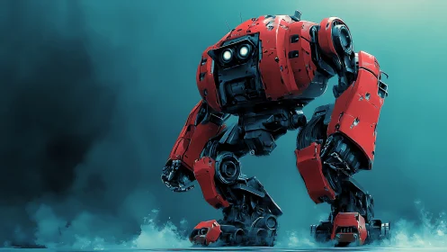 Battle-scarred red mech strides through misty battlefield.