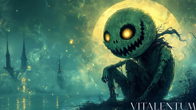 Moonlit pumpkin monster quietly watches a haunted lakeside