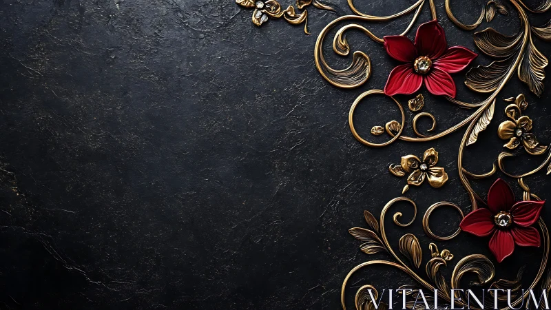 Dark Surface with Gold Scrollwork and Red Floral Elements