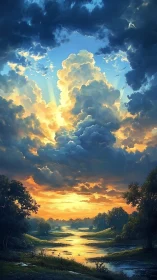 Dramatic sunset clouds over winding reflective river valley.