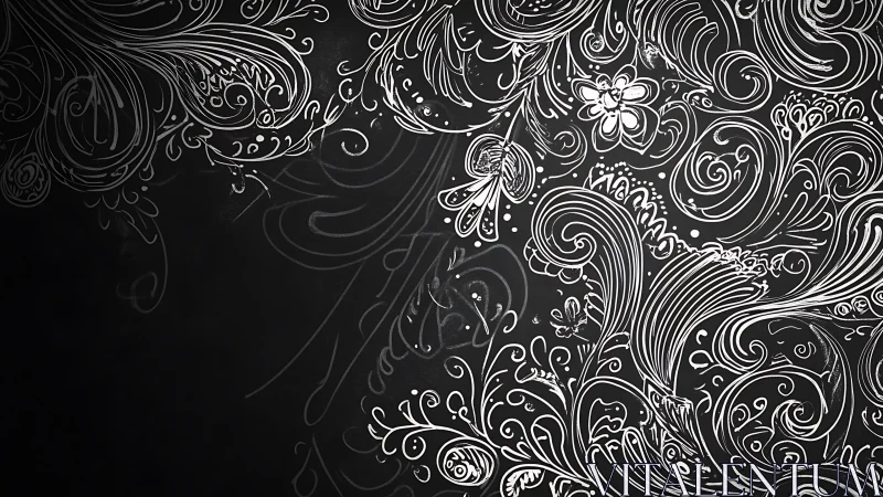 Ornate white floral scrollwork on matte black chalkboard ground.