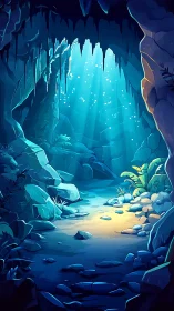 Sunlit cavern pool with glowing turquoise rock walls.