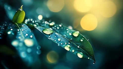 Macro study of dewdrops on leaf under cinematic bokeh light