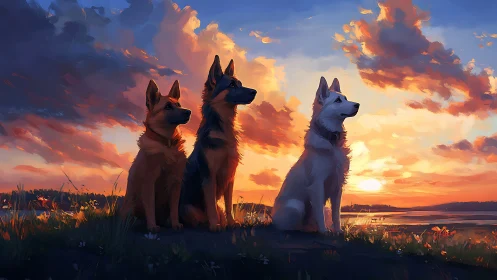Three shepherd dogs watch glowing sunset over shoreline