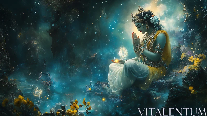 Blue-skinned deity meditates above glowing cosmic landscape